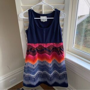 Talitha Navy and Multicolor Zigzag Sleeveless Midi Dress, Size 4